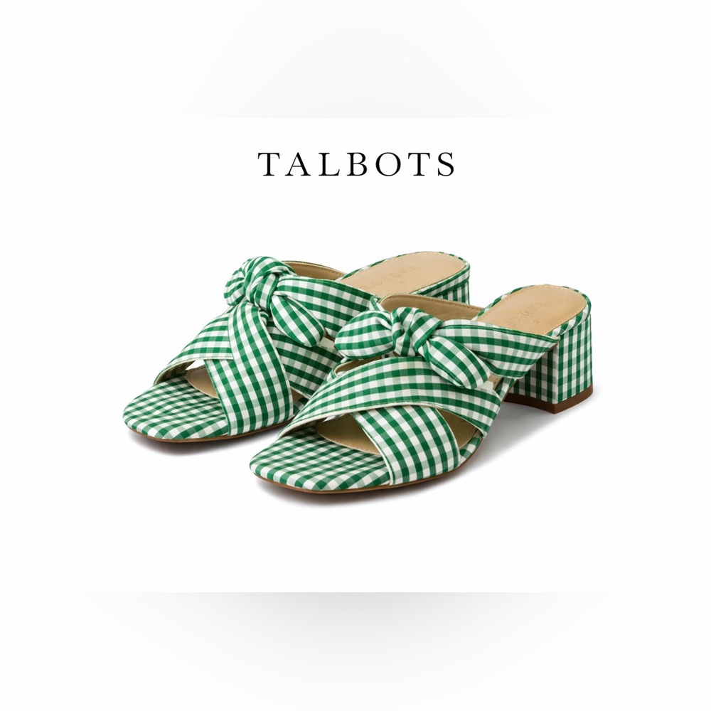 Talbots Green Gingham Bow Slide Sandals Block Heel Women’s 6.5M